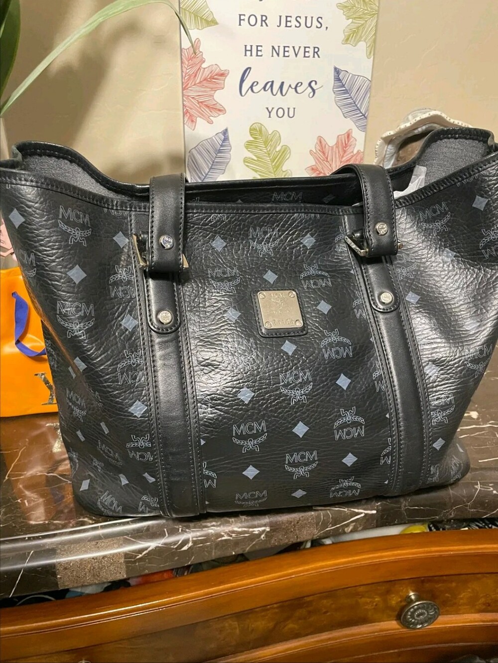 MCM black leather tote bag purse
